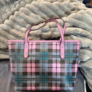 Coach Blue and Purple Tote Bag with Plaid Pattern